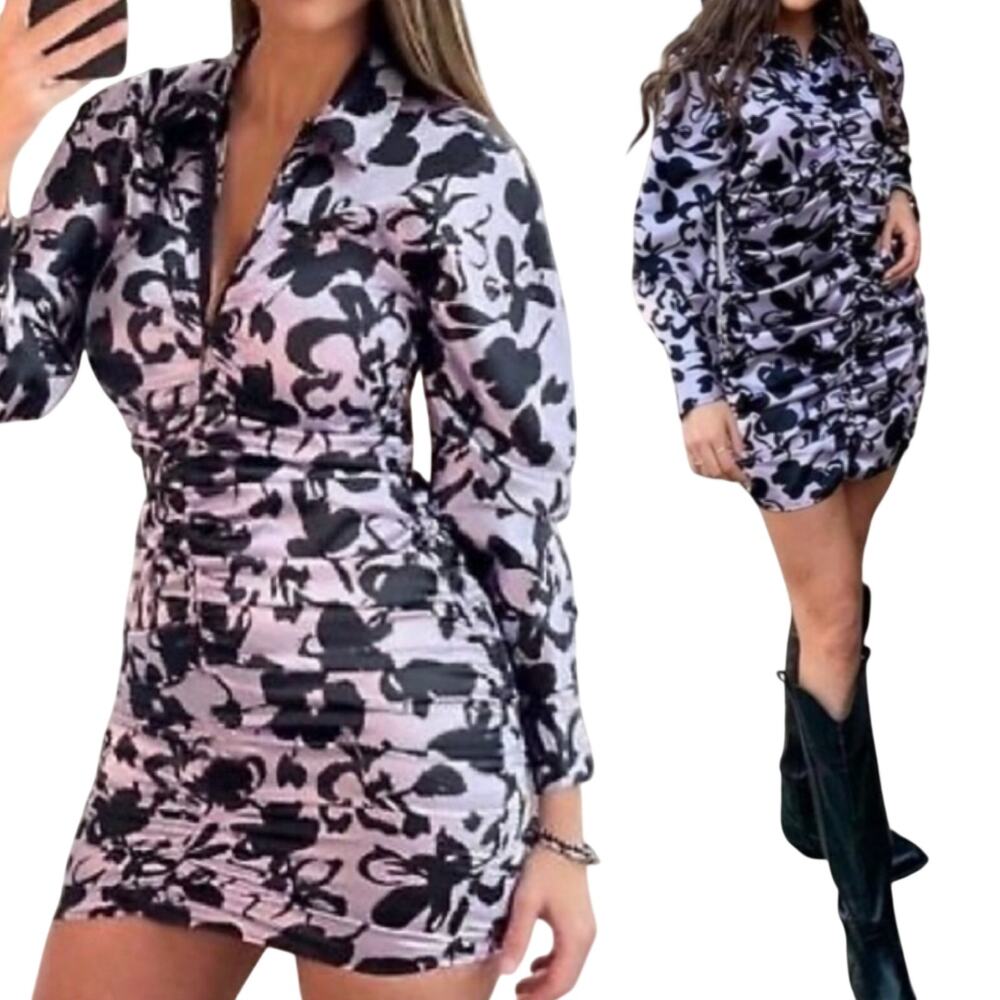 Zara Dita Satin Effect Mini Dress Ruched Long Sleeve Zip Front Purple Black XL